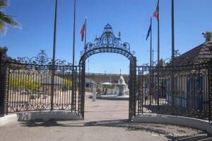 Iron fence and elaborate gate leading to London Bridge Village in Lake Havasu City