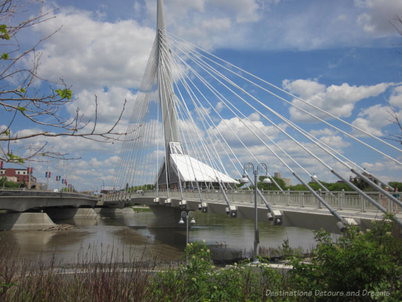 A cable-stayed pedestrian bridge crossing a city river