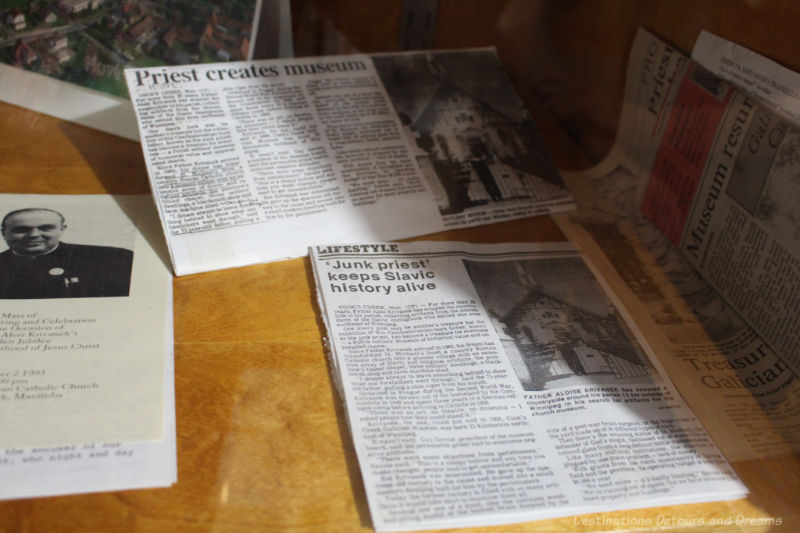 Collection of newspaper articles about the museum and its priest founder on display at Cooks Creek Heritage Museum