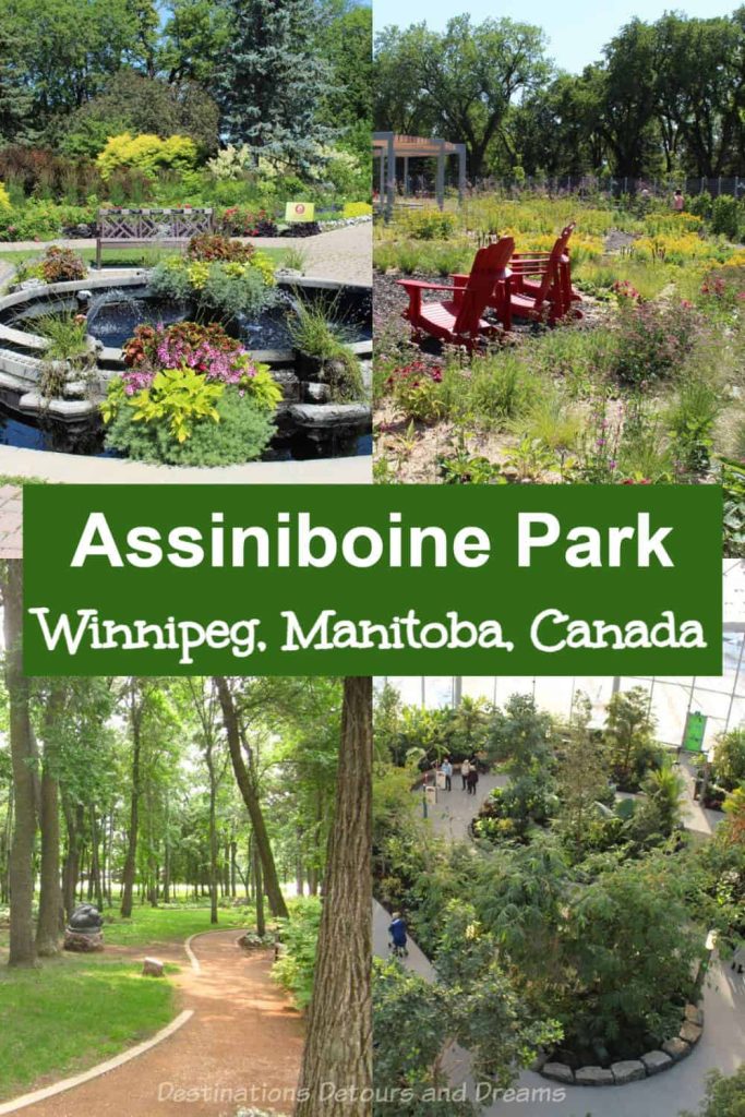 The many attractions within Assiniboine Park in Winnipeg, Manitoba, Canada include green spaces, playgrounds, gardens, art and entertainment, and a zoo