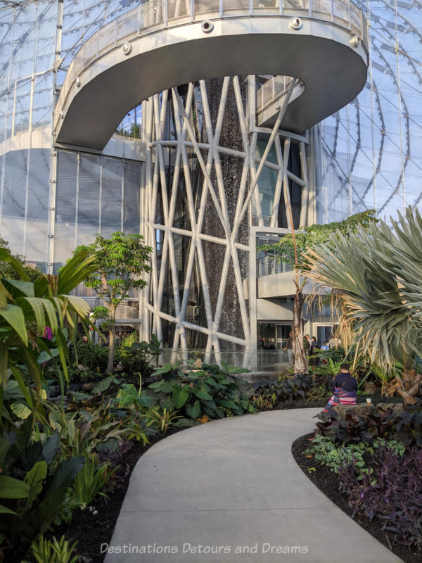 Indoor six-storey waterfall inside a tropical conservatory