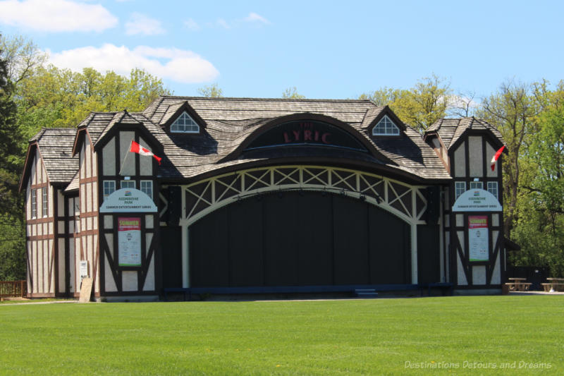 Tudor-style outdoor stage in a park