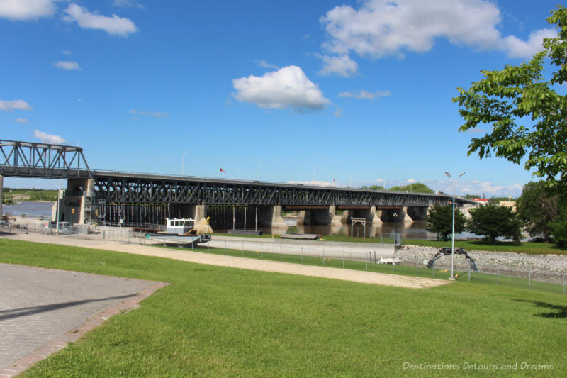 View of bridge with dam and lock