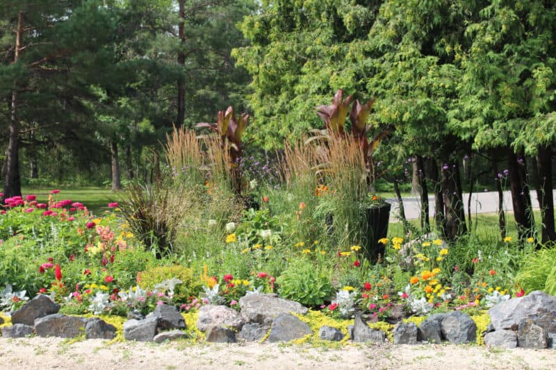 Flower garden at a corner in treed park