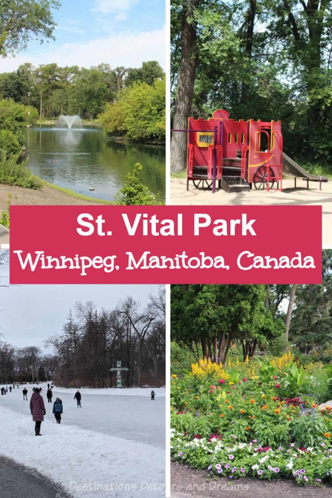 St Vital Park - A riverside park in south Winnipeg, Manitoba, Canada featuring forest trails, duck pond, gardens, and picnic and play areas