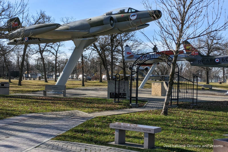 Old planes on display in the outdoor Air Force Park and Garden of Memories in Winnipeg