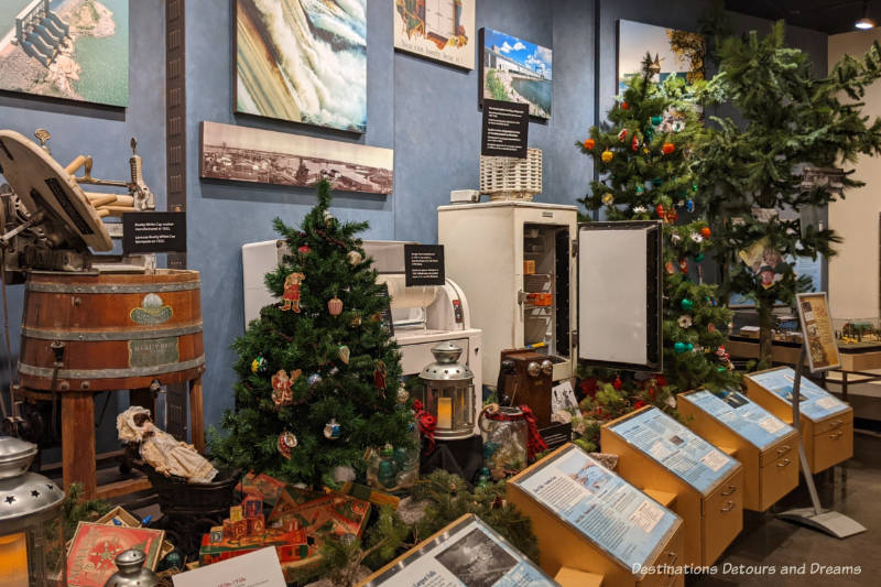 Museum display of electrical appliances over the year decorated with Christmas ornaments for the season