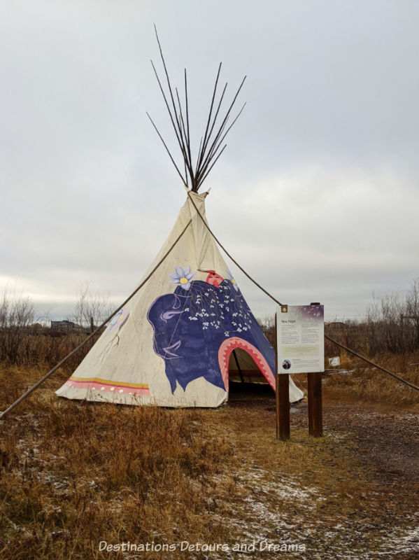 Tipi with painted design of blue bison on it