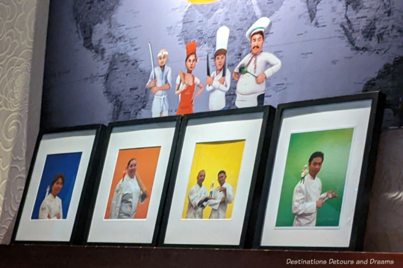 Photos of four human chefs with animated tiny chefs on their shoulders