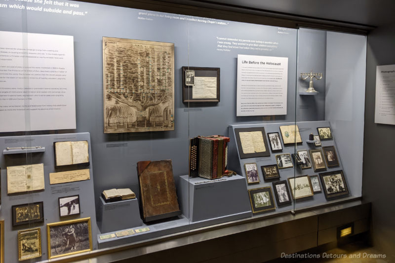 Display window into wall exhibit of Holocaust remembrances