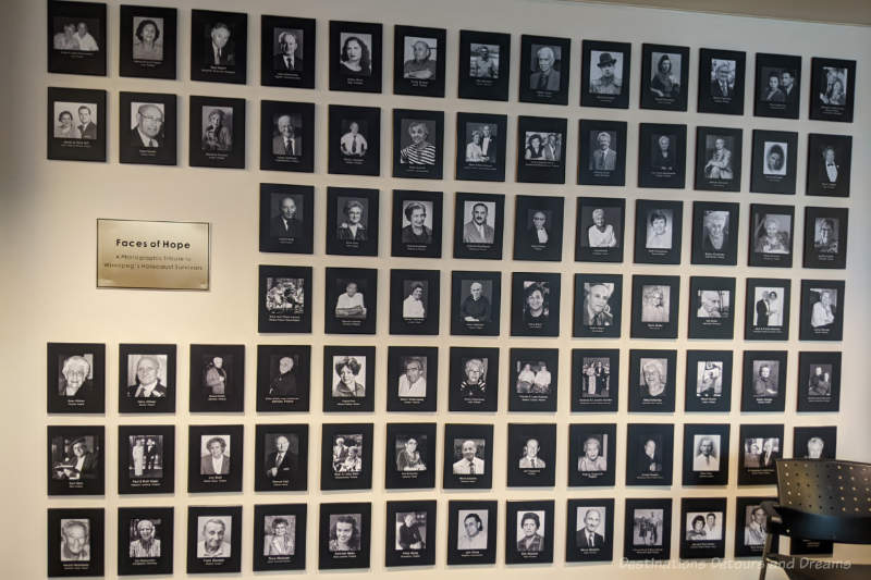 Museum wall display of photographs of memorable person